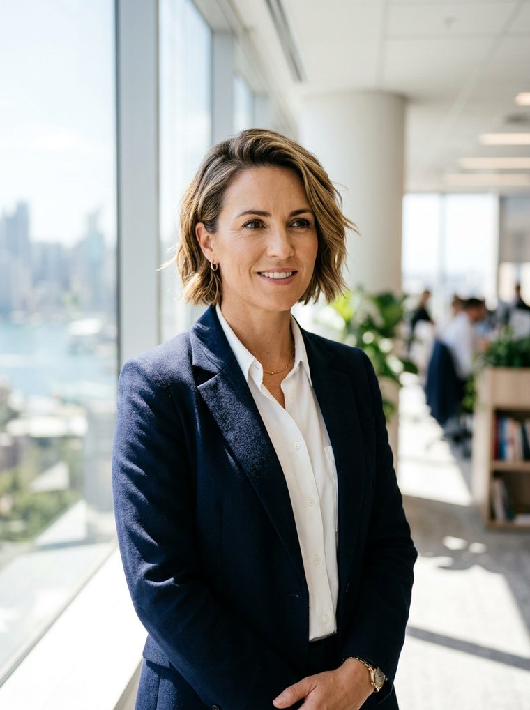 A woman in a navy blazer standing by the window of a high-rise office, with an open-plan floor and the harbour behind her.
