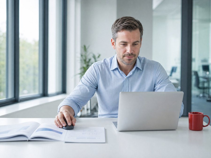 A manager reviewing his organisation's training on a laptop