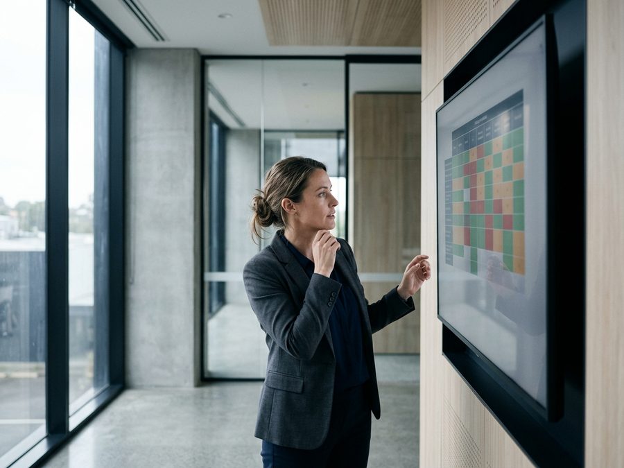 A consultant studying a colour-coded risk matrix on a wall-mounted screen in an office