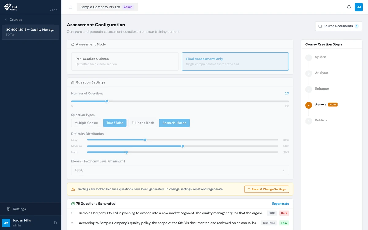 Assessment configuration: question count, question types and difficulty set, seventy-five questions generated, with Assess the live step.