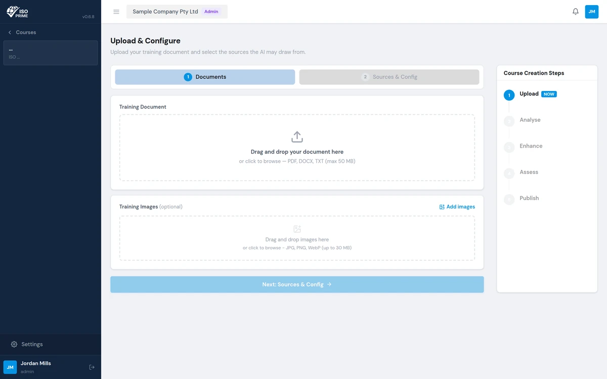 Upload and configure: a training document dropped in and the five course creation steps tracked down the right-hand side, with Upload the live one.