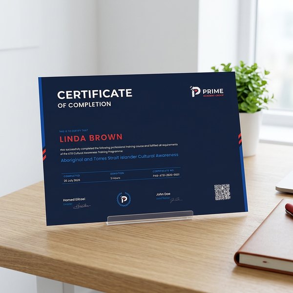 A Prime Academy Group certificate of completion standing on a desk, carrying the learner's name, the course title, the completion date, a certificate number and a QR code